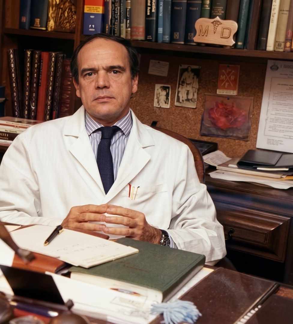 Dr. Pedro Valente em seu consultório, entre livros e registros de uma vida de Medicina.