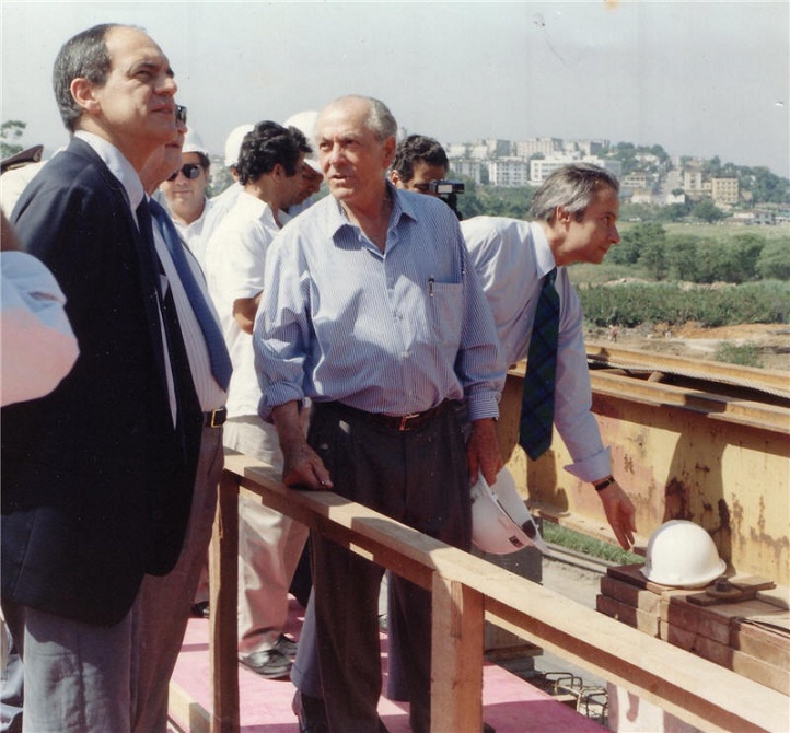 Pedro Valente, o governador Brizola e o engenheiro Sussekind — construção da Linha Vermelha